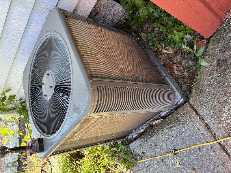Completed MVP cooling maintenance visit on two HVAC units. Inspected indoor air handler and found heavily soiled accordion-style air filters with significant dust and dirt accumulation requiring replacement. Serviced outdoor condensing unit, which displayed weathered coils with brownish discoloration from environmental exposure. Performed standard maintenance procedures including filter replacement, coil inspection, and system evaluation to ensure proper operation of both units.