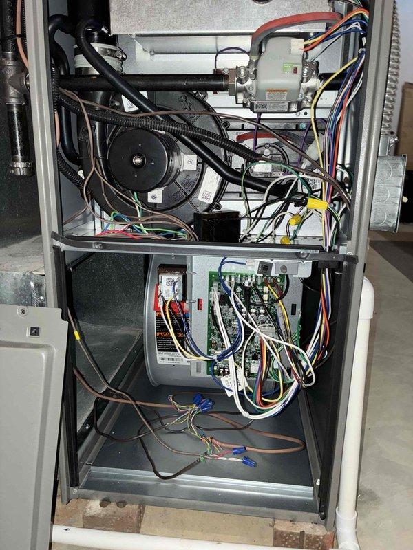 Completed MVP recurring cooling maintenance visit. Performed comprehensive system inspection including internal furnace cabinet components, blower motor assembly, gas valve controls, electrical connections, and control board operation. Verified proper wiring connections throughout system, inspected pleated air filter condition and housing assembly, and confirmed all mechanical and electrical components functioning within normal parameters.