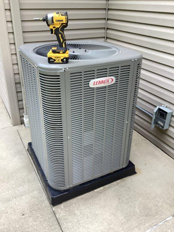 Completed preventive maintenance cooling visit on 3-year-old Lennox air conditioning system. Performed comprehensive inspection of condenser unit including electrical components, capacitor testing, and system diagnostics with manifold gauges to verify proper refrigerant pressures and overall system performance.