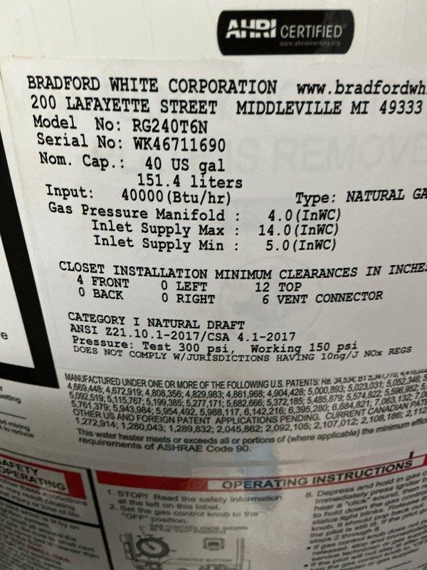 Replaced faulty control valve on 40-gallon Bradford White natural gas water heater, model RG240T6N. Replacement parts were obtained from Famous Akron supply under purchase order #1213367-001 and successfully installed to restore proper unit operation.