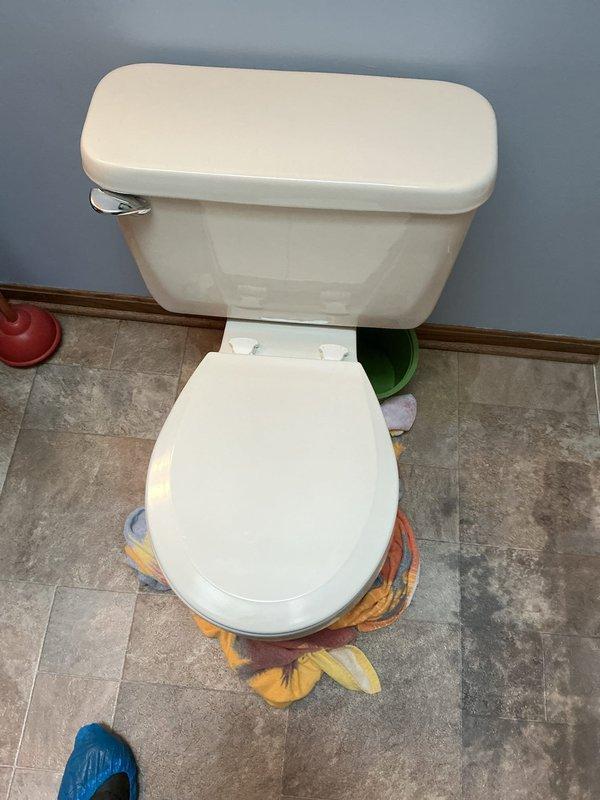 Responded to service call for water leak at toilet base near mounting bolts. Upon inspection, found active water seepage around closet bolts at the toilet-to-floor connection. Placed absorbent towels and containment materials around the base to prevent water damage to flooring. Removed tank lid to inspect internal components and identify potential contributing factors. Observed mineral deposits and corrosion within tank indicating age-related deterioration. Documented conditions with photographs showing leak location, surrounding area, and internal tank components. Leak appears to originate from compromised wax ring seal or deteriorated closet bolt gaskets requiring toilet removal and reinstallation with new sealing components.
