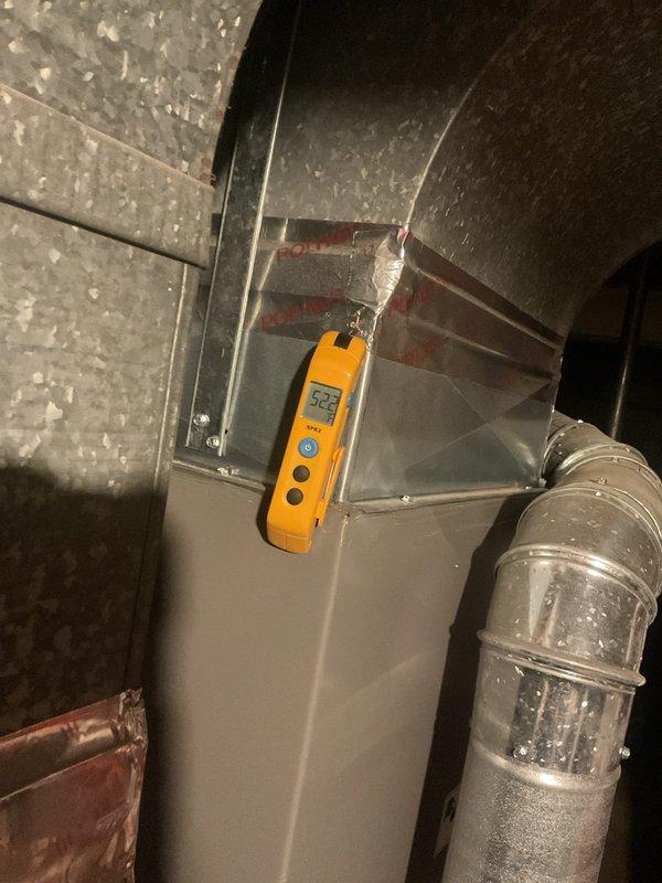 Performed preventive maintenance on 9-year-old air conditioning system, completing load match verification on both indoor and outdoor units to confirm proper refrigerant charge and system operation. Inspected electrical components including capacitor and wiring connections, measured system performance parameters using digital testing equipment, and verified proper airflow through ductwork in attic installation.