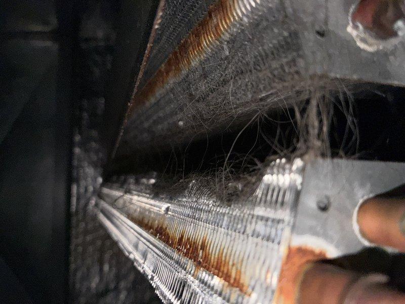 Responded to no cooling complaint on 9-year-old air conditioning system. Upon inspection, found evaporator coil heavily contaminated with dust, lint, and debris accumulation restricting airflow. Blower wheel assembly also showed significant dirt buildup on blades affecting system performance. Cleaned evaporator coil fins and blower wheel, removing accumulated debris to restore proper airflow and cooling capacity. System tested and operating normally upon completion.