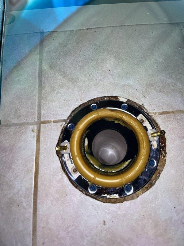 Replaced defective closet flange in first floor master bathroom with new PVC flange featuring stainless steel ring. Reset toilet using new mounting bolts and wax ring seal to ensure proper connection to drain system. All replacement parts were retrieved from will-call and installation was completed to manufacturer specifications.