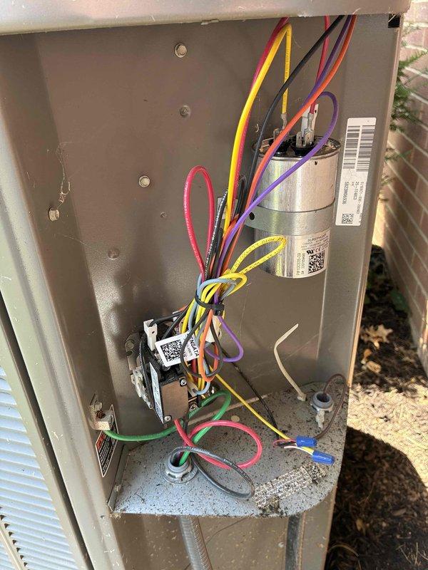 Completed routine maintenance on a 3-year-old outdoor air conditioning unit. Inspected and documented heavily soiled air filter requiring replacement due to significant dust and debris accumulation. Examined electrical components, capacitor, and wiring connections inside control panel, confirming all components operating within normal parameters with no visible corrosion or damage detected.