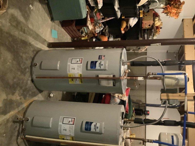 Replaced 50-gallon electric water heater under manufacturer goodwill warranty extension. Removed existing Bradford White water heater that had failed just outside warranty period. Installed new 50-gallon electric short water heater with complete water heater installation kit. Replaced expansion tank with new unit. Connected all hot and cold water supply lines using braided stainless steel flex connectors and copper piping. Verified all connections for proper operation and absence of leaks. Removed and hauled away failed water heater for warranty return processing. System tested and operational upon completion.