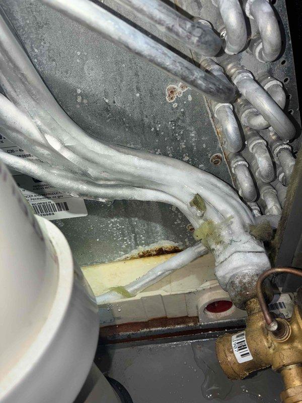 Responded to callback for condensation concerns following recent maintenance visit. Inspected evaporator coil, expansion valve, and refrigerant lines for excessive moisture accumulation. Found significant condensation on refrigerant lines and coil assembly with evidence of water dripping onto furnace cabinet below. Verified condensate drain line is flowing properly and checked refrigerant charge using electronic scale, confirming system charge is within manufacturer specifications at 4 lbs 15.4 oz. Identified inadequate insulation on suction line near expansion valve allowing condensation to form and drip. Recommended replacement of deteriorated line insulation to prevent further moisture issues and potential rust damage to furnace components.