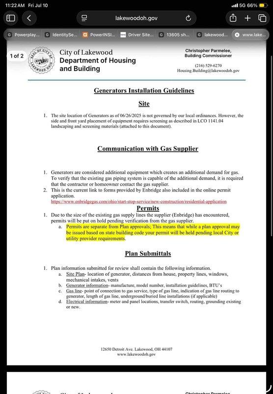 Conducted on-site consultation and estimate for whole home Generac generator installation at 120-year-old residence. Reviewed municipal generator installation guidelines including setback requirements, gas supplier communication protocols, and permit procedures. Assessed existing utility infrastructure in basement including gas meter location and plumbing configuration to determine optimal generator placement and utility connection routing for natural gas-fueled standby system.