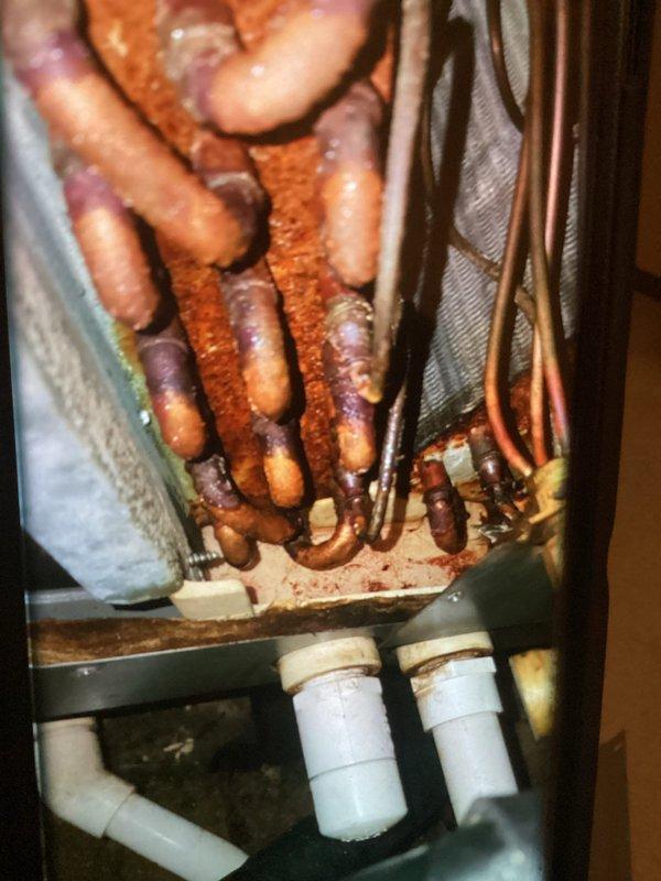 # HVAC Maintenance - Cooling

Completed scheduled MVP cooling maintenance visit on 8-year-old residential air conditioning system. Upon inspection, discovered heavily soiled condenser coil with extensive dirt accumulation and debris buildup blocking airflow through the unit. Removed front access panel and thoroughly cleaned condenser coil fins to restore proper heat transfer efficiency. Interior inspection revealed copper refrigerant lines displaying significant corrosion, oxidation, and discoloration consistent with age and moisture exposure. Observed deterioration on metal backing components and heat exchanger surfaces. Checked PVC drain lines and connections, noting age-related discoloration around fittings. System evaluated for operational performance following cleaning procedures. Unit returned to service with improved airflow capacity through condenser coil.