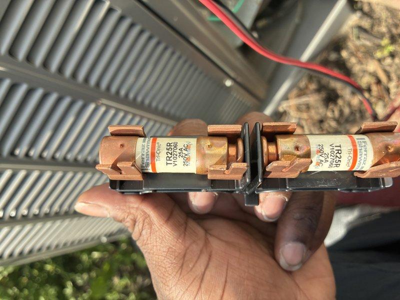 Completed routine MVP cooling maintenance on 8-year-old system. During inspection, discovered blown fuses in outdoor unit's electrical circuit. Removed and inspected failed fuses, confirmed electrical fault condition using digital multimeter to test voltage and continuity at disconnect and control board terminals. Replaced defective fuses with proper amperage-rated components, verified all electrical connections were secure, and tested system operation to ensure proper cooling function restored.