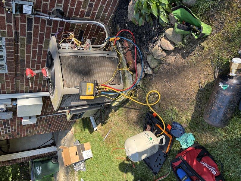 Returned to property to complete compressor replacement on residential air conditioning system. Removed failed compressor unit, installed new replacement compressor, and performed system diagnostics including electrical testing and refrigerant pressure verification. System restored to full operational status with all components functioning within manufacturer specifications.