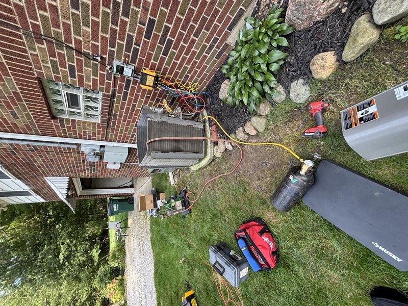 Returned to property to complete compressor replacement on residential air conditioning system. Removed failed compressor unit, installed new replacement compressor, and performed system diagnostics including electrical testing and refrigerant pressure verification. System restored to full operational status with all components functioning within manufacturer specifications.