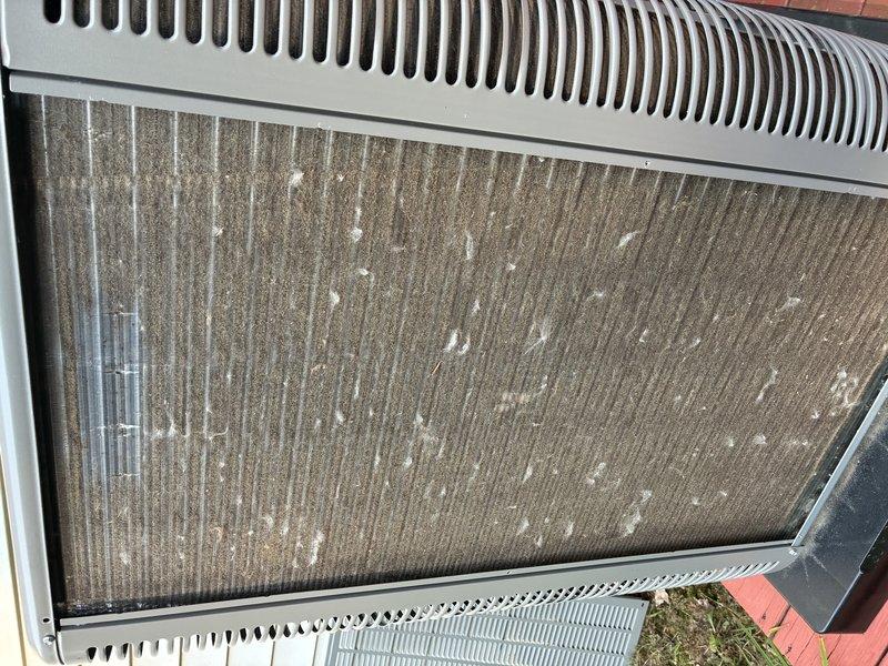 Completed scheduled MVP cooling maintenance visit on attic-mounted HVAC system. Performed comprehensive inspection of outdoor condenser unit, including visual assessment of electrical connections, refrigerant lines, and overall equipment condition. Documented significant dirt and debris accumulation on condenser coil fins, which was restricting airflow and reducing system efficiency. Unit operational at time of service with standard wear patterns consistent with outdoor installation. All routine maintenance tasks completed per service protocol.