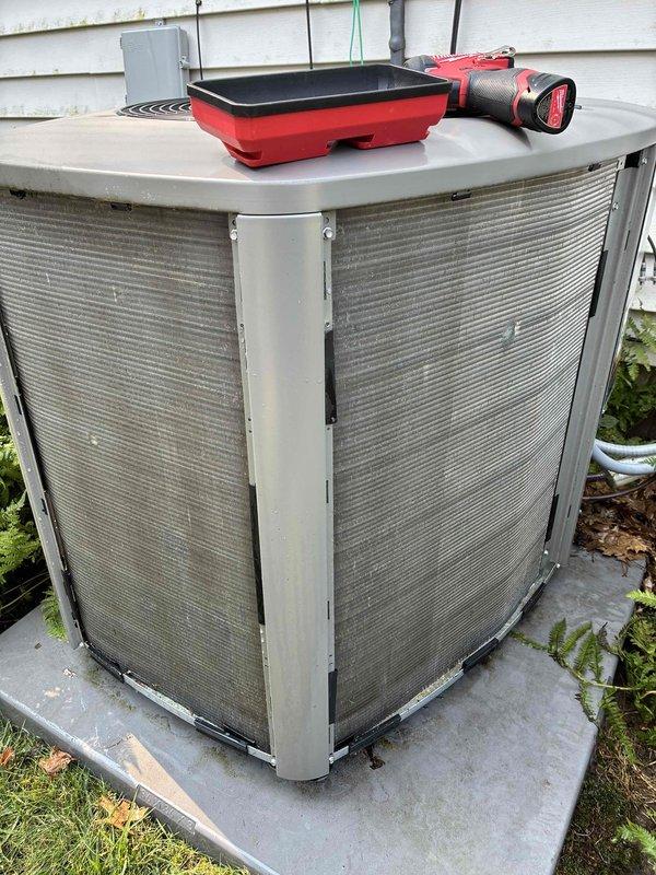 Completed MVP cooling maintenance visit on 3-year-old residential air conditioning system. Performed comprehensive inspection of outdoor condenser unit, including visual assessment of coil condition, cabinet integrity, and proper airflow clearance. Cleaned exterior grilles which showed moderate dirt accumulation and grime buildup. Verified unit levelness and checked refrigerant line connections. Inspected condensate drain pan for proper operation and cleared surrounding vegetation to maintain adequate clearance for optimal performance.