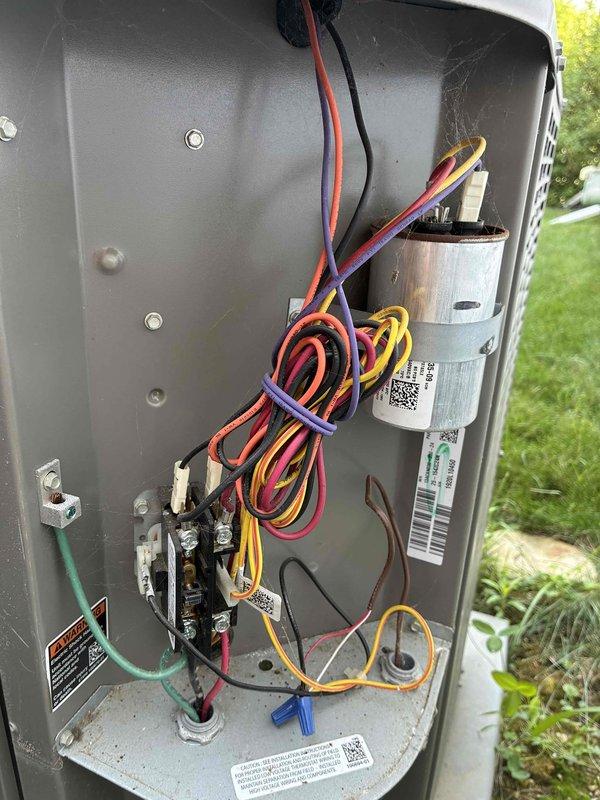 Completed routine AC tune-up on 5-year-old system. Inspected electrical components including run capacitor, wiring connections, and terminal blocks; all found in proper working condition. Recorded operating temperatures with refrigerant line reading 58.8°F, confirming adequate cooling performance.