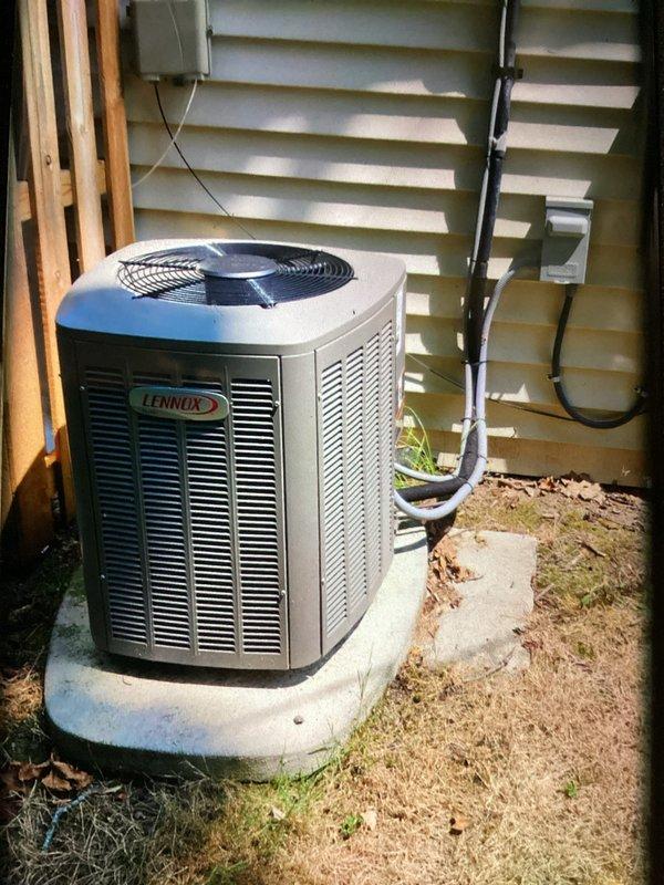 Completed MVP recurring cooling maintenance visit on residential Lennox air conditioning system. Performed standard inspection of outdoor condenser unit and indoor refrigerant line connections, documenting system condition with photos. Observed significant rust and corrosion on indoor drain pan requiring future attention, while outdoor unit and refrigerant lines appeared in serviceable condition with proper insulation intact.