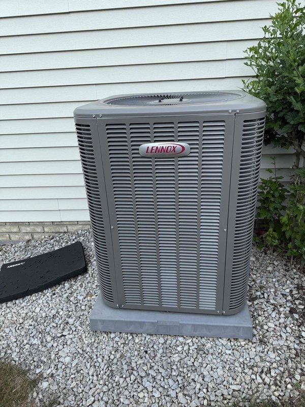 Completed scheduled MVP cooling maintenance visit on 6-year-old Lennox air conditioning system. Performed comprehensive inspection of outdoor condenser unit and indoor air handler components. Verified proper operation of heat exchanger, checked airflow through louvers and ventilation fins, and confirmed unit is level on concrete pad with adequate drainage. System operating within normal parameters with no issues identified. All components showed appropriate wear patterns for age of equipment.