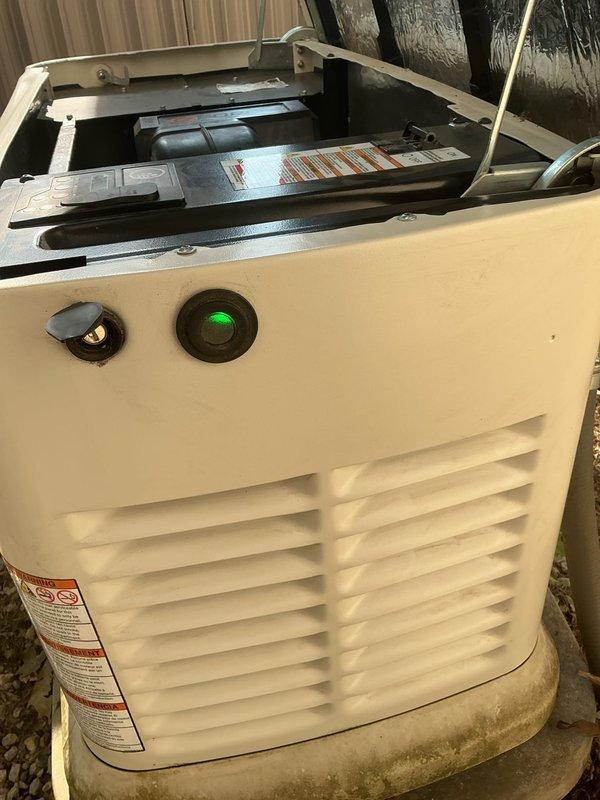 Performed scheduled maintenance on a 5-year-old 14kW Generac residential standby generator. Conducted comprehensive inspection of unit including checking oil level, air filter condition, battery voltage, and overall system operation. Verified proper function of automatic transfer switch and confirmed generator started successfully during test cycle. All components found to be operating within normal parameters, with green indicator light showing system ready status.