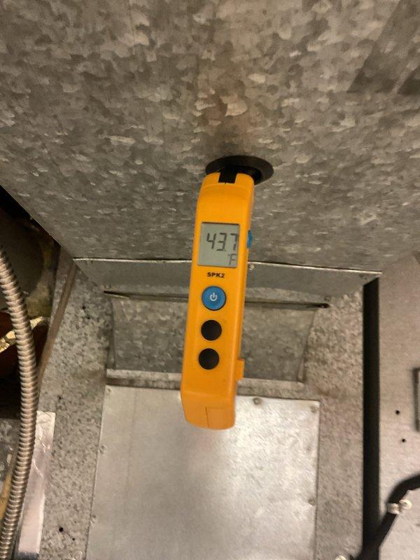 Completed MVP cooling maintenance visit on 4-year-old system. Inspected evaporator coil and mesh filter, which showed minimal dust accumulation and remains in good operating condition. Verified condensate drain line and refrigerant lines for proper installation and function. Measured supply air temperature at 42.7°F, confirming adequate cooling performance and proper system operation.