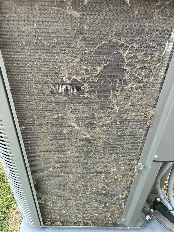 Completed MVP cooling maintenance visit on 4-year-old system. Found condenser coil heavily contaminated with organic debris, cottonwood seeds, and dirt buildup significantly restricting airflow. Cleaned condenser coils, inspected electrical components including contactor and capacitor, verified all wire connections secure, and confirmed unit operational.