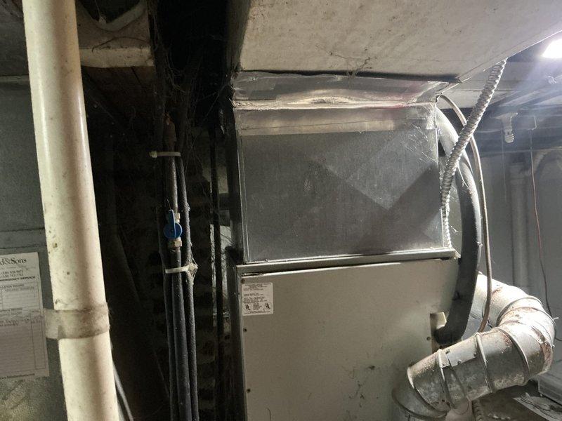 Provided estimate for complete HVAC system replacement of 26-year-old gas furnace and air conditioning unit experiencing no cooling condition. Assessed existing equipment in basement mechanical space, documented deteriorated ductwork connections and aging components requiring replacement, and quoted comprehensive system upgrade to restore proper heating and cooling functionality.