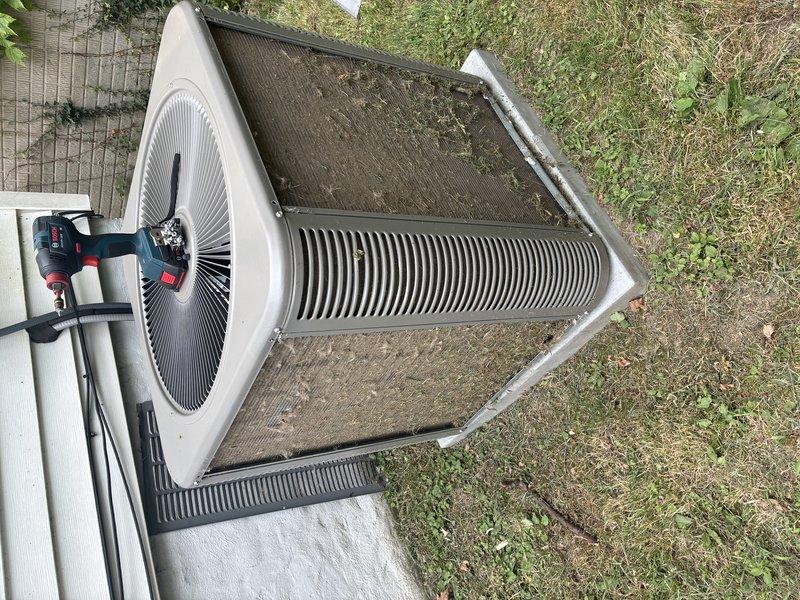 # HVAC Maintenance Summary

Completed scheduled BS-MVP cooling maintenance visit on residential air conditioning system. Upon arrival, contacted customer as requested and accessed outdoor condenser unit. Found extensive accumulation of dirt, debris, and organic material severely restricting airflow through condenser coils and air filter screen. Performed thorough cleaning of condenser coils to restore proper heat transfer efficiency. Removed and cleaned heavily soiled filter panel that was nearly completely obstructed with outdoor debris. Conducted system diagnostics and performance measurements to verify proper operation following maintenance. Documented pre- and post-service conditions with photographs showing significant contamination levels and completed cleaning work. Unit restored to optimal operating condition with improved airflow and heat exchange capacity.