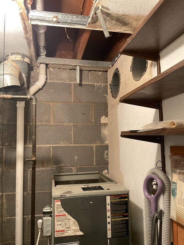 Removed return duct from furnace to provide access for plumbing repairs to water line located above unit. Coordinated with plumbing contractor to complete pipe replacement and ceiling restoration same day to minimize system downtime. Scheduled return appointment to reinstall return ductwork and restore HVAC system to full operation upon completion of plumbing work.