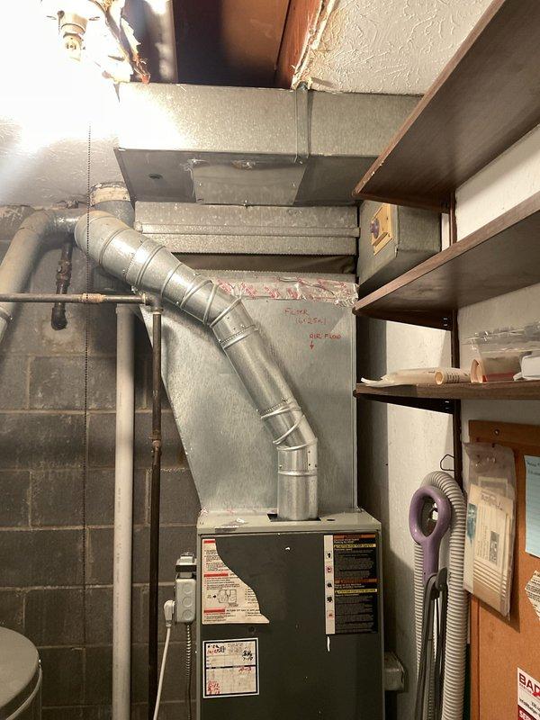 Removed return duct from furnace to provide access for plumbing repairs to water line located above unit. Coordinated with plumbing contractor to complete pipe replacement and ceiling restoration same day to minimize system downtime. Scheduled return appointment to reinstall return ductwork and restore HVAC system to full operation upon completion of plumbing work.