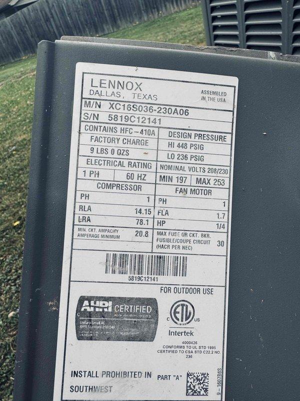 Responded to service call for banging noise occurring in Lennox XC16S036-230A06 air conditioning unit after extended run time. Performed diagnostic inspection and tested electrical components with multimeter to identify source of abnormal sound, which temporarily subsides when system is shut down for several hours before recurring during operation.