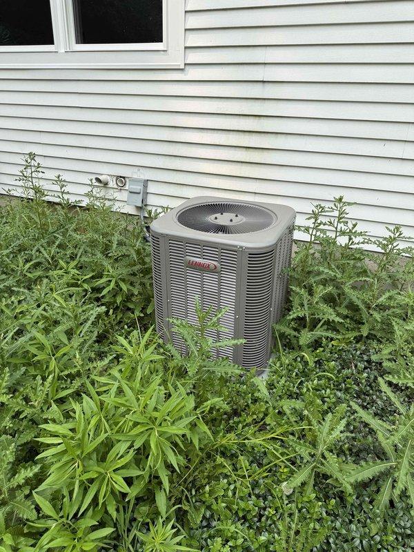 Completed scheduled BS-MVP cooling maintenance visit on 2-year-old air conditioning system. Performed comprehensive system inspection including outdoor condenser unit and control board diagnostics. Noted vegetation overgrowth around outdoor unit that may restrict airflow and reduce system efficiency; recommended clearance maintenance to ensure proper ventilation and prevent premature equipment failure. Verified control board operation and DIP switch settings, inspected electrical connections and sensor configurations. System operating within normal parameters at time of service.