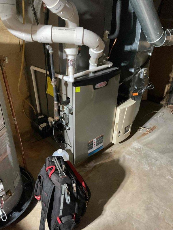 Completed scheduled BS-MVP cooling maintenance visit on a 3-year-old Bryant residential HVAC system. Performed comprehensive inspection of furnace unit, verified proper operation of condensate drainage system including PVC trap configuration and condensate pump, and inspected all associated ductwork and electrical connections. All components found operating within normal parameters with no issues identified.