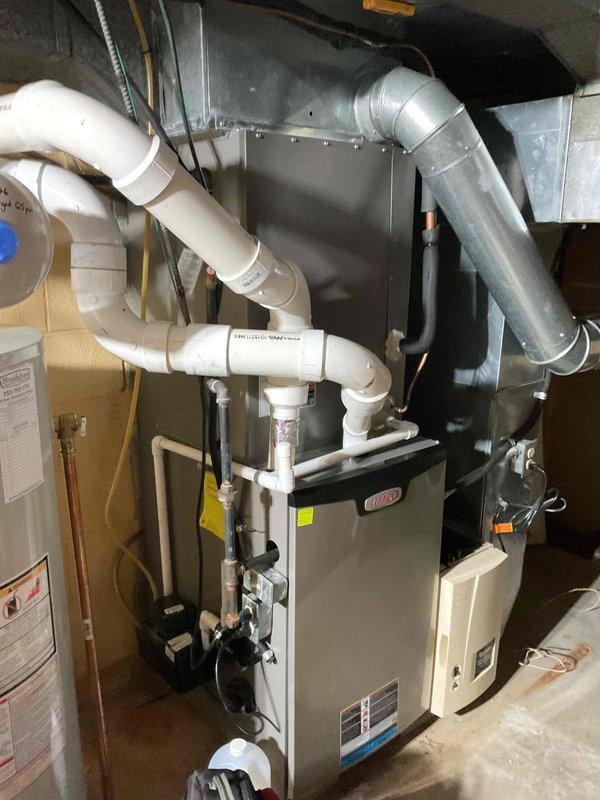 Completed scheduled BS-MVP cooling maintenance visit on a 3-year-old Bryant residential HVAC system. Performed comprehensive inspection of furnace unit, verified proper operation of condensate drainage system including PVC trap configuration and condensate pump, and inspected all associated ductwork and electrical connections. All components found operating within normal parameters with no issues identified.