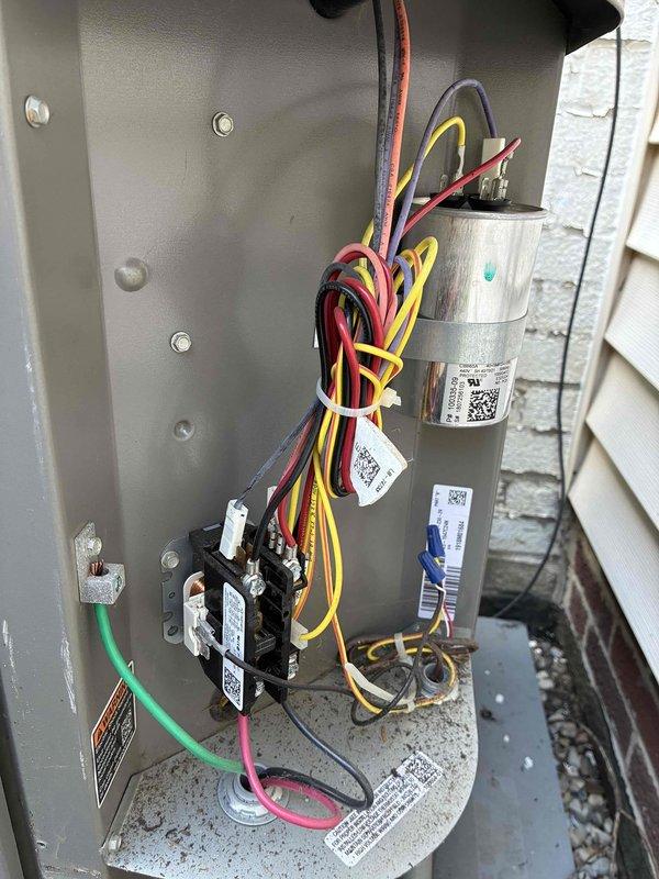 Completed preventive maintenance cooling visit on 7-year-old Lennox residential air conditioning unit. Performed comprehensive system inspection including exterior condensing unit examination, verified electrical connections and components within control panel, inspected capacitor and contactor operation, and documented equipment condition through photographic records. Unit found operating within normal parameters with all electrical connections secure and components functioning properly.