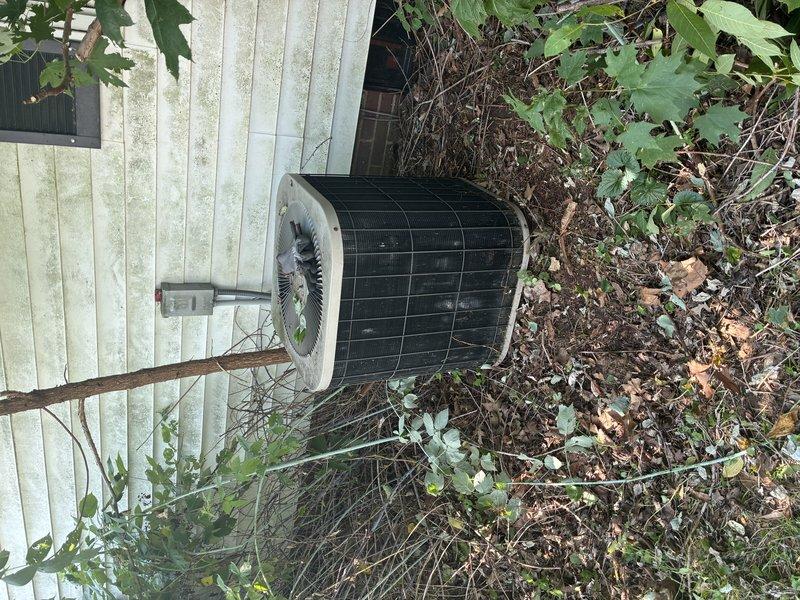# HVAC Service Completed

Responded to no cooling complaint on 11-year-old residential air conditioning system. Upon arrival, performed visual inspection of outdoor condensing unit and found significant vegetation overgrowth and debris accumulation restricting airflow around equipment. Dense branches, leaves, and plant matter had encroached on all sides of the unit, compromising ventilation efficiency.

Cleared vegetation and debris from around condenser unit to restore proper airflow clearance. Connected manifold gauge set to service ports and measured refrigerant pressures to assess system performance. Gauges indicated pressure readings within acceptable parameters, confirming refrigerant charge levels were adequate.

Verified condenser fan motor operation and inspected electrical connections at outdoor unit. All components functioning properly following debris removal. Advised property owner on importance of maintaining minimum clearance around outdoor equipment to prevent future ai