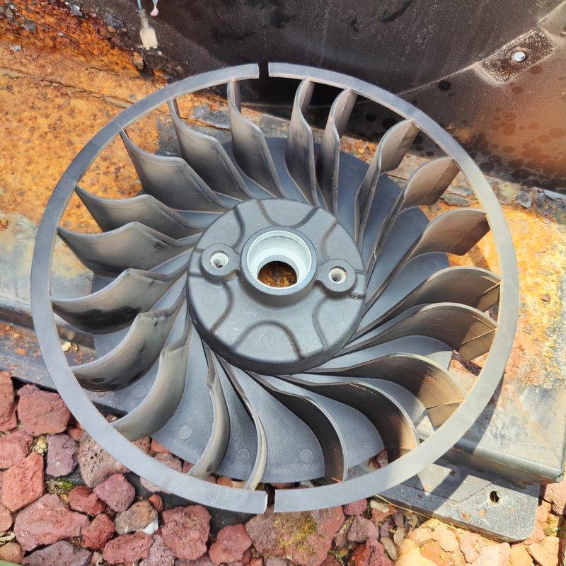 Performed comprehensive diagnostic testing on motor brushes and windings per customer request. Upon inspection, discovered significant thermal damage to motor windings with evidence of overheating, burn marks, and crystallized deposits indicating electrical breakdown. Removed and examined fan impeller assembly, which showed wear patterns and discoloration consistent with motor failure. Conducted electrical continuity testing and resistance measurements on all windings to determine extent of damage. Component exhibited severe deterioration requiring further evaluation beyond initial brush testing scope. Documented all findings with photographic evidence showing damaged copper windings, mounting hardware, and associated components. Advised customer that additional diagnostic work and repairs would be necessary to fully restore equipment to operational condition.