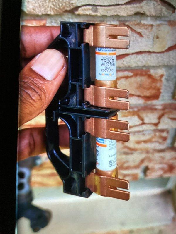 Completed MVP cooling maintenance visit on outdoor air conditioning unit. Inspected and replaced failed TR30R 200/250A fuses in the electrical disconnect, which had prevented system operation. Verified proper connections of capacitor wiring and all electrical components within the unit compartment. System tested and confirmed operational upon completion.