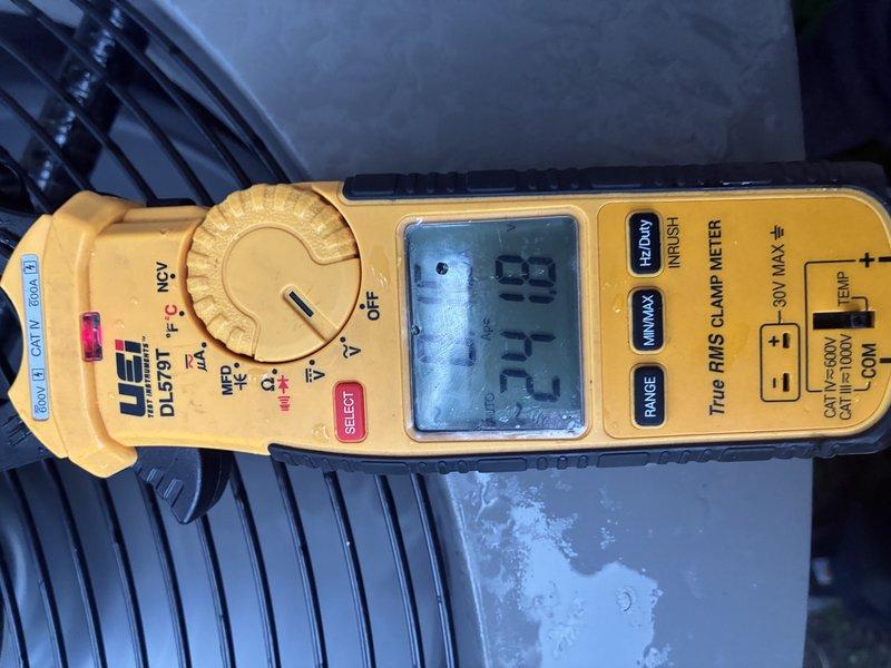 Completed MVP cooling maintenance visit. Performed system diagnostics and electrical measurements using clamp meter on outdoor condensing unit, recording operating parameters and verifying proper system performance. Unit inspected and found operating within normal specifications.