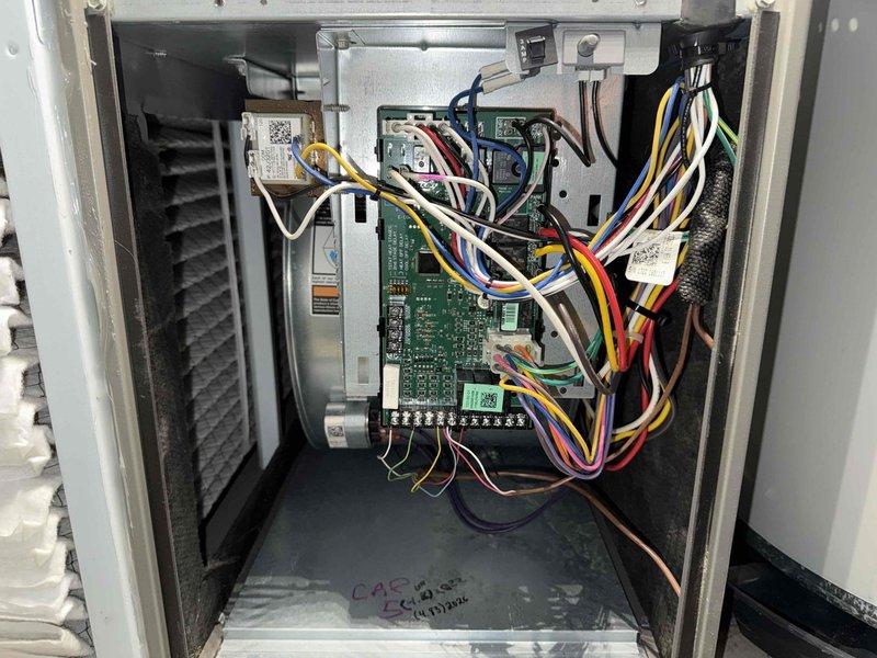 Completed preventive maintenance cooling visit on 12-year-old air conditioning system. Performed comprehensive system inspection including electrical control panel evaluation and air filtration assessment. Verified proper operation of control board, wiring connections, and electronic components. Inspected air filter condition, which showed clean pleated media with adequate airflow capacity. All system components found operating within normal parameters.