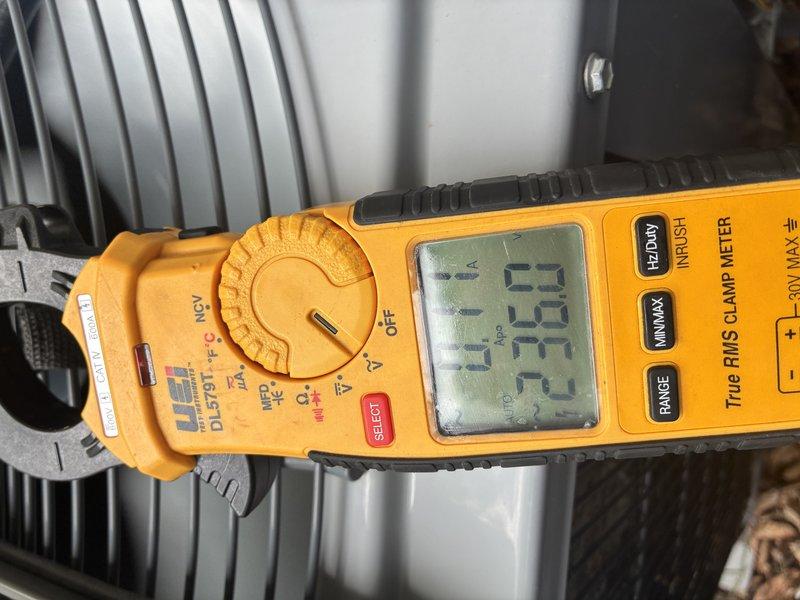 Completed routine MVP cooling maintenance visit on HVAC system. Performed electrical diagnostics using clamp meter, measuring current draw at 4.39 amperes on system components to verify proper compressor and blower motor operation within manufacturer specifications.