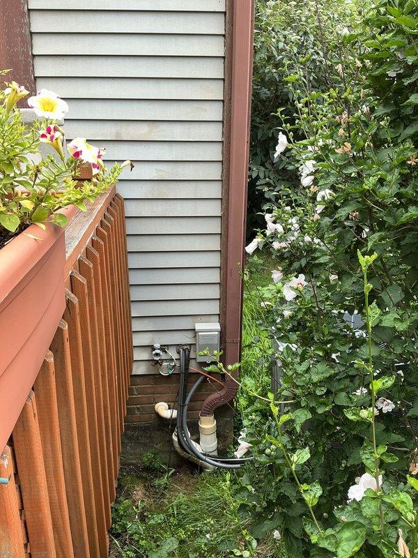 Conducted site inspection and assessment of exterior drainage system. Customer requested estimate for downspout repair and installation of rain barrel diverter kit. Documented existing conditions including deteriorated metal plumbing assembly with extensive rust corrosion on exterior wall-mounted components, compromised downspout system with corrugated pink discharge pipe, and white catch basin at grade level. Photographed rusted valve assembly and connecting pipes requiring replacement, as well as surrounding vegetation encroachment affecting drainage infrastructure. Provided professional recommendations for downspout system rehabilitation and rain barrel diverter installation to improve water management and extend system longevity.