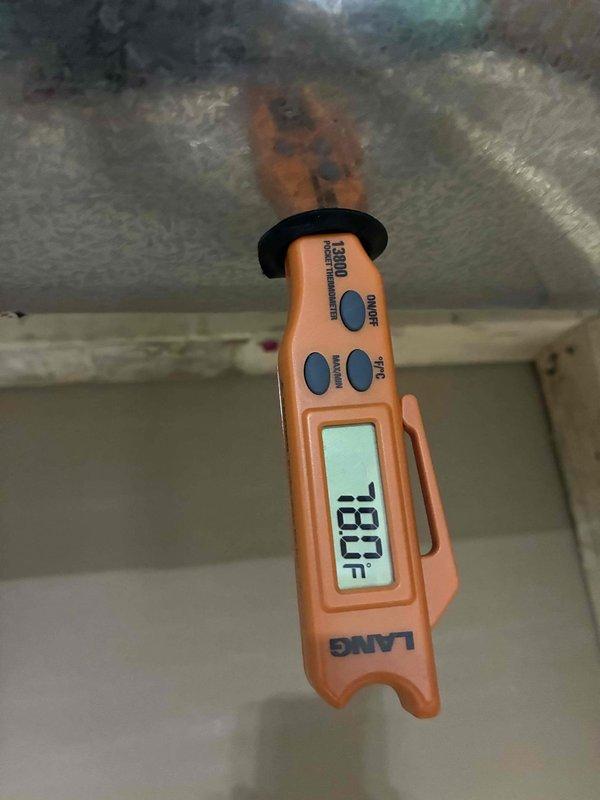 Completed BS-MVP cooling maintenance visit on 8-year-old system. Performed comprehensive inspection of Lennox furnace and connected HVAC components, verified proper operation of Aprilaire humidifier integration, and assessed ductwork connections. Measured and documented ambient temperature reading of 78.0°F in attic space to verify system performance and airflow efficiency.