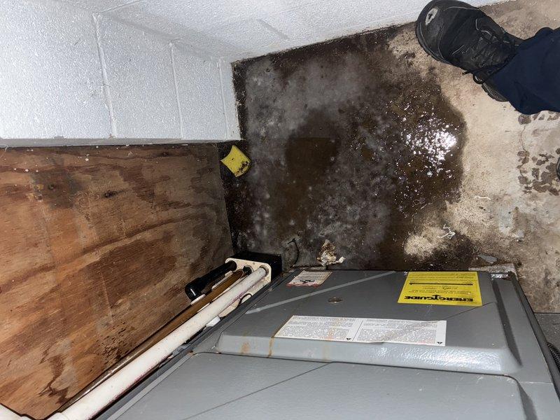 Completed standard air conditioning tune-up and system inspection on residential HVAC unit of unknown age. Accessed equipment located in attic space, verified electrical disconnect operation, and documented system components including condensate drainage lines and ductwork connections. Observed and photographed significant moisture damage, mold growth, and water intrusion issues in the mechanical equipment area requiring immediate attention and remediation.