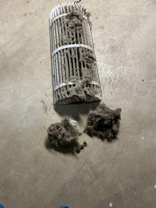 Completed MVP recurring cooling maintenance visit. Inspected HVAC system and replaced heavily soiled cylindrical air filter that exhibited significant dust and debris accumulation throughout pleated media. Verified electrical components, capacitor, and control board within unit are functioning properly with all wire connections secure.