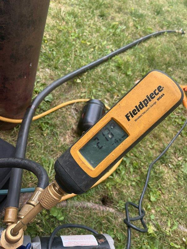 Performed warranty leak search on residential air conditioning system. Used Fieldpiece digital manifold gauges to check refrigerant pressures and diagnose potential leak points on outdoor condenser unit. Conducted inspection after customer departed premises to complete thorough diagnostic testing on the system.