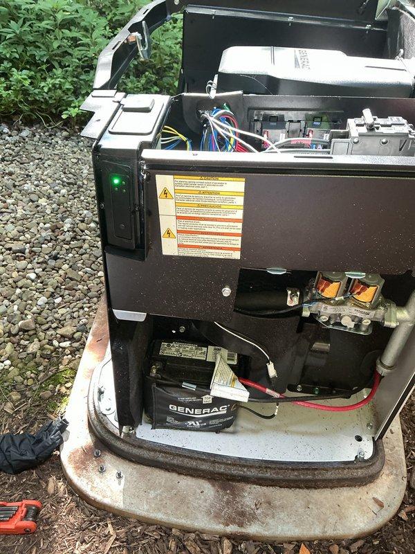 Responded to service call for newly installed Generac generator that was failing to start. Upon inspection, identified multiple electrical issues stemming from improper installation: GFCI devices were tripping breakers throughout the residence, and the whole house surge protector was not functioning correctly. Accessed generator control panel and internal wiring compartment to diagnose electrical faults. Inspected color-coded wiring connections, terminal blocks, and control board components within the generator housing. Verified proper wire routing and connections to battery, control circuits, and power distribution terminals. Corrected wiring deficiencies and tested system operation to ensure generator startup functionality and proper integration with home electrical system. Resolved GFCI tripping issues and verified surge protection system was operating within specifications.