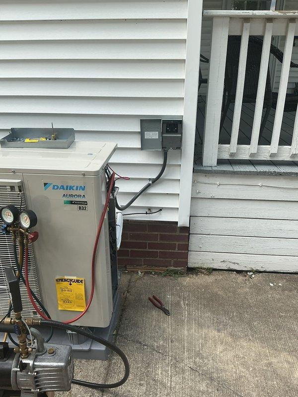 Installed dedicated electrical circuit for new Daikin Aurora heat pump system. Ran electrical conduit from outdoor disconnect box to main electrical panel, installed appropriately sized circuit breaker, and completed all wiring connections per manufacturer specifications and local electrical code requirements.