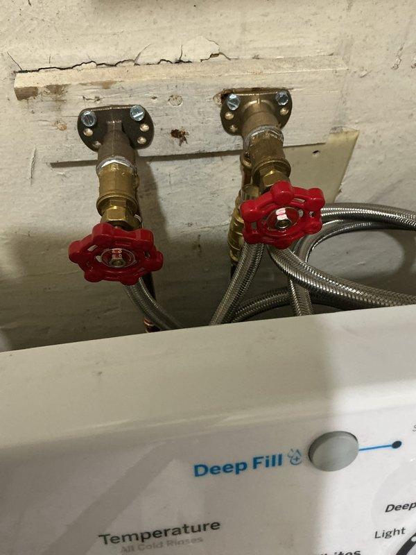 Completed follow-up service call to repair leaking washing machine water supply line. Replaced faulty shut-off valve and supply connection, tested both hot and cold water lines for proper operation and confirmed leak was fully resolved with no further dripping or moisture present.