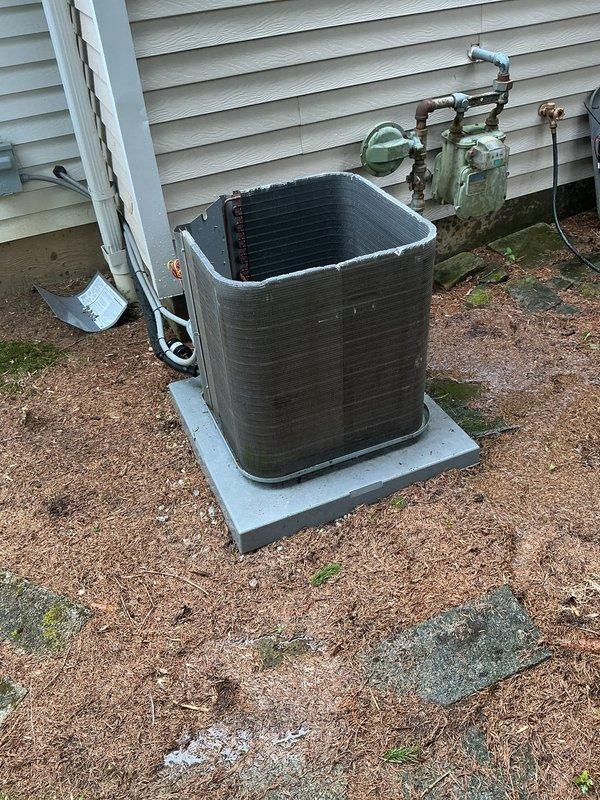 Completed annual cooling maintenance on a 5-year-old Lennox air conditioning system. Performed comprehensive AC tune-up including inspection of the outdoor condensing unit, verified proper operation of compressor and condenser coil, checked refrigerant lines and electrical connections, and confirmed system is functioning properly. Unit showed normal weathering with some rust staining on base plate but overall operational condition is satisfactory.