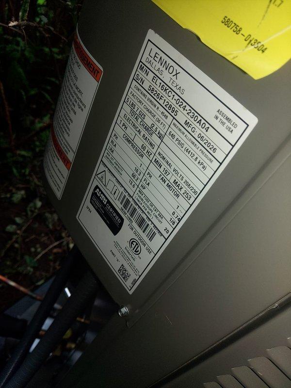 Completed installation of new upstairs HVAC system including Lennox LRP14GX41-092 air conditioning unit and evaporator coil with air handler. System was installed in mechanical room with properly secured ductwork connections, operational thermostat control mounted on wall, and all electrical connections completed per manufacturer specifications.