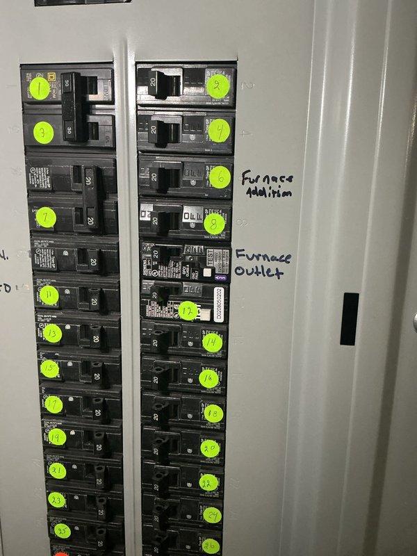 Responded to failed electrical inspection requiring GFCI protection and proper circuit breaker sizing for furnace installation. Installed 15-amp GFCI protected circuit for furnace condensate pump in compliance with plumbing requirements. Verified furnace nameplate specifications and installed appropriately rated 15-amp circuit breaker in main electrical panel. Properly labeled new circuits in panel as "Furnace Addition" and "Furnace OUTLET" for clear identification. All work completed to meet code requirements and pass inspection.